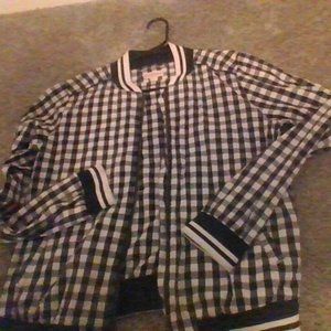 black,grey,and white checkered jacket